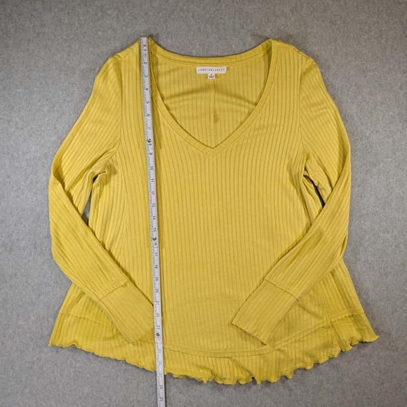 Jane & Delancey Yellow Ribbed V Neck Lettuce Hem Flowy Top Women M Casual - Picture 9 of 14